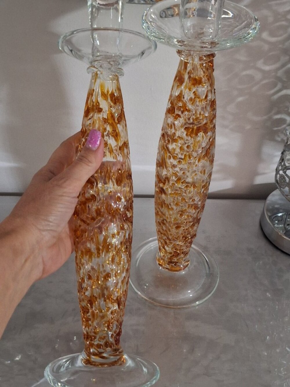14 inch Hand Blown Amber Art Glass Candle Holders